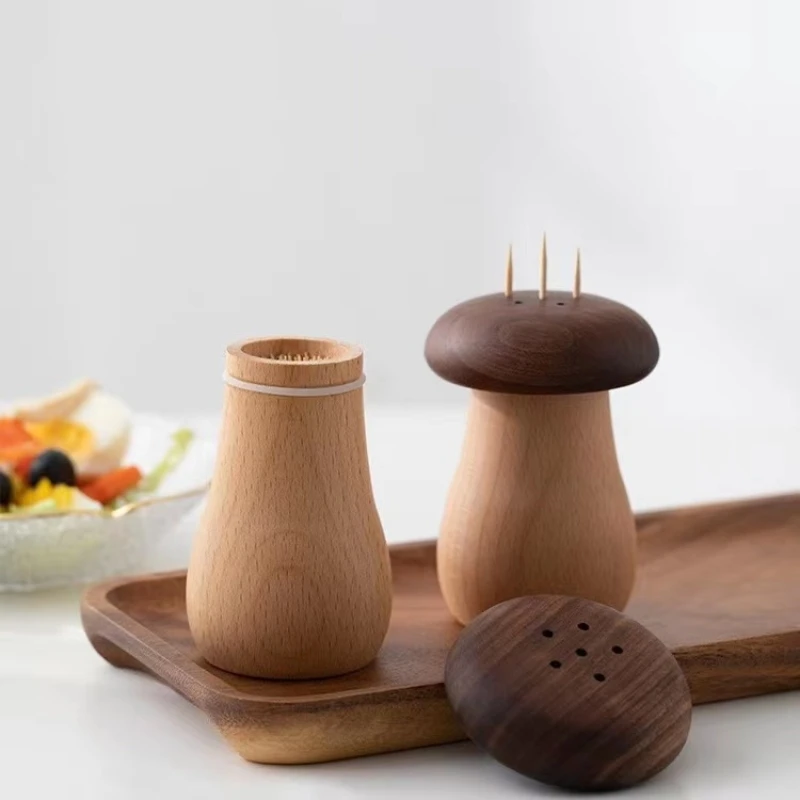 

Creative Solid Wood Toothpick Container Household Toothpick Box Black Walnut Beech Double Wooden Cute Mushroom Toothpick Jar