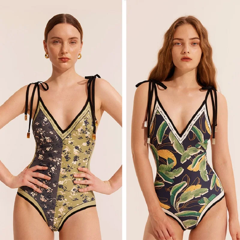 2023 New Tie-Shoulder One Piece Swimsuit with Skirt Women Swimwear Luxury Retro Monokini Bathing Suit Summer