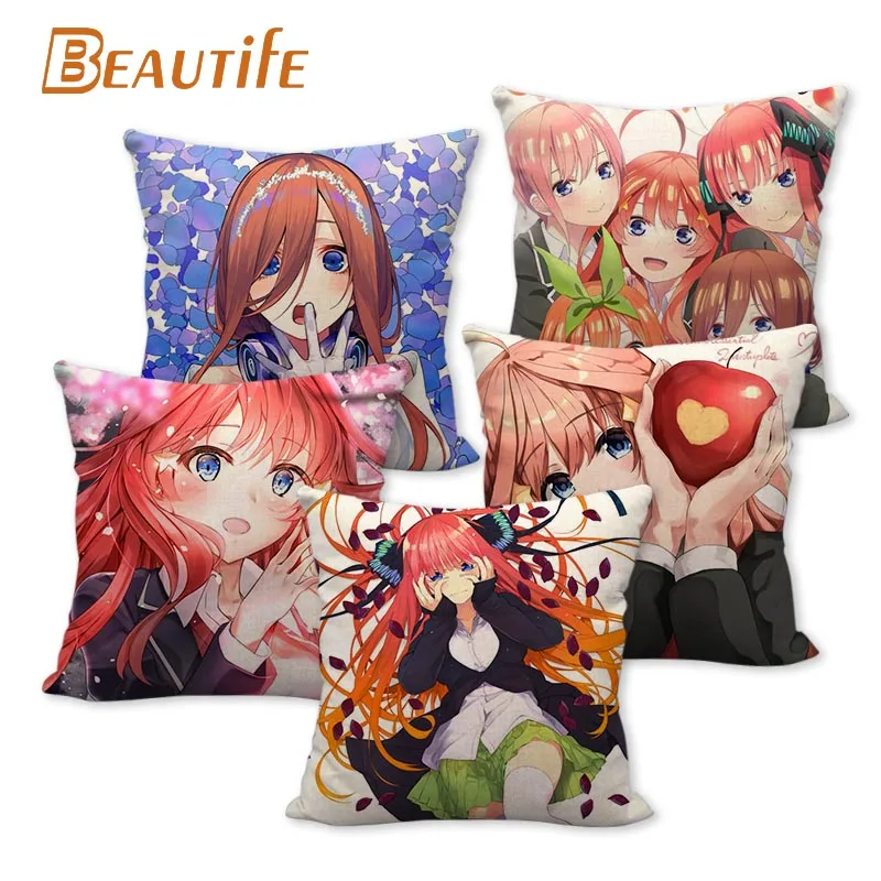 

45X45cm Go-Toubun no Hanayome Pillow Cover Square Zipper Cotton Linen Fabric Pillow Case Bedroom Home Decorative Boys Girls Gift