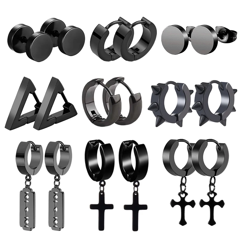 

4-9 Pairs Multiple Styles Black Earrings Set Fashion Stainless Steel Piercing Earrings for Women Men Punk Hip Hop Ear Jewelry