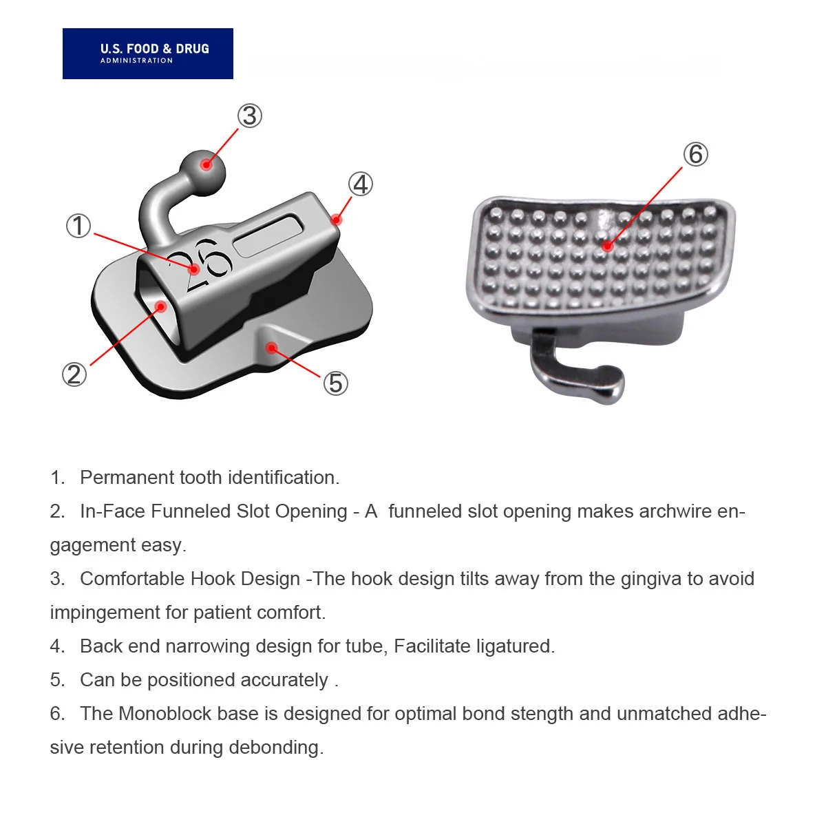 AZDENT Dental Kieferorthopädische Klammern Klammer AZDENT Passive selbstligierende ROTH MBT 0,022 Haken 3 4 5 mit Bukkalröhrchen MIM Monoblock – Detail 4