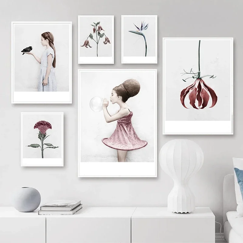 

Kawaii Blowing Bubble Girl Flower Nordic Poster Art Canvas Painting Modern Wall Picture for Living Room Restaurant Decoration