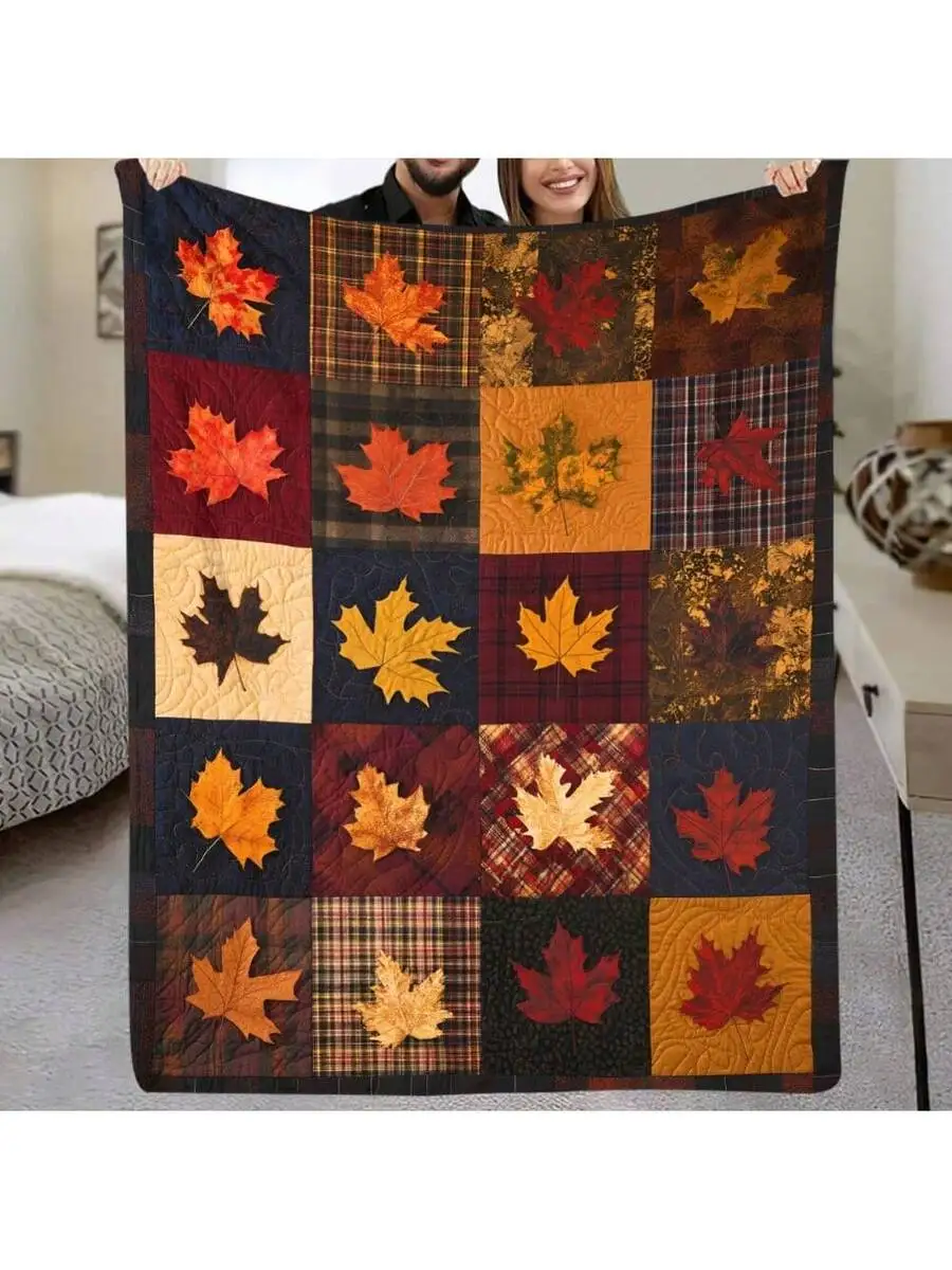 Autumn Leaves Patchwork Flannel Throw Blanket, Lodge Style Knitted Polyester Digital Print, All Season Cozy Soft for Home Decor