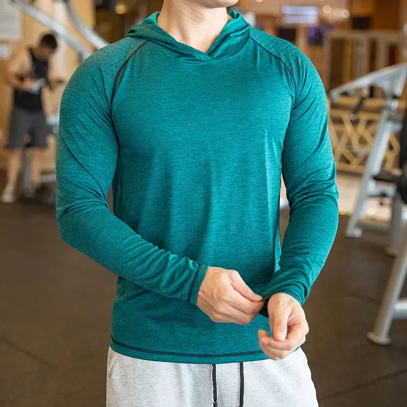Autumn Gym Men T Shirt Casual Long Sleeve Slim Tops Tees elastic T-shirt Sports Fitness breathable Quick dry Hooded T Shirt 4