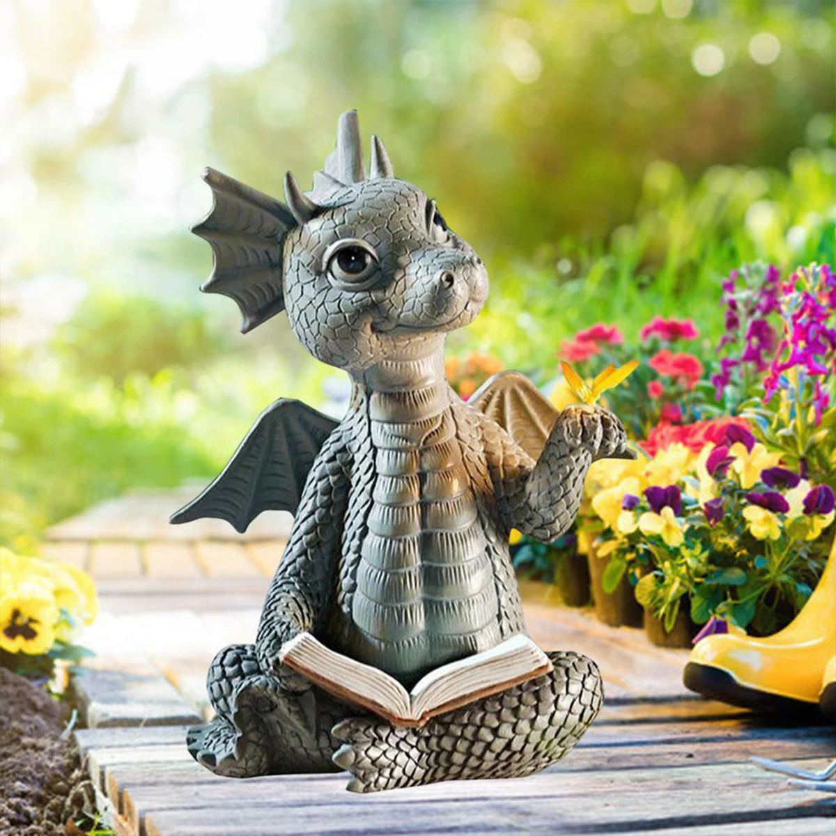 Reading Book Little Dragon Sculpture Cute Reading Book Dragon Statues Resin Garden Dragon Sculptures Art Ornament Gift for Lawn