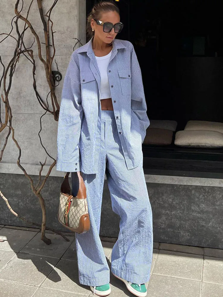 Fashion Contrast Color Shirt Pants Suit 2-piece Women's Summer Striped Casual Patchwork Women's Suit 2-piece Pants Suit 1 Fashion Contrast Color Shirt Pants Suit 2-piece Women's Summer Striped Casual Patchwork Women's Suit 2-piece Pants Suit