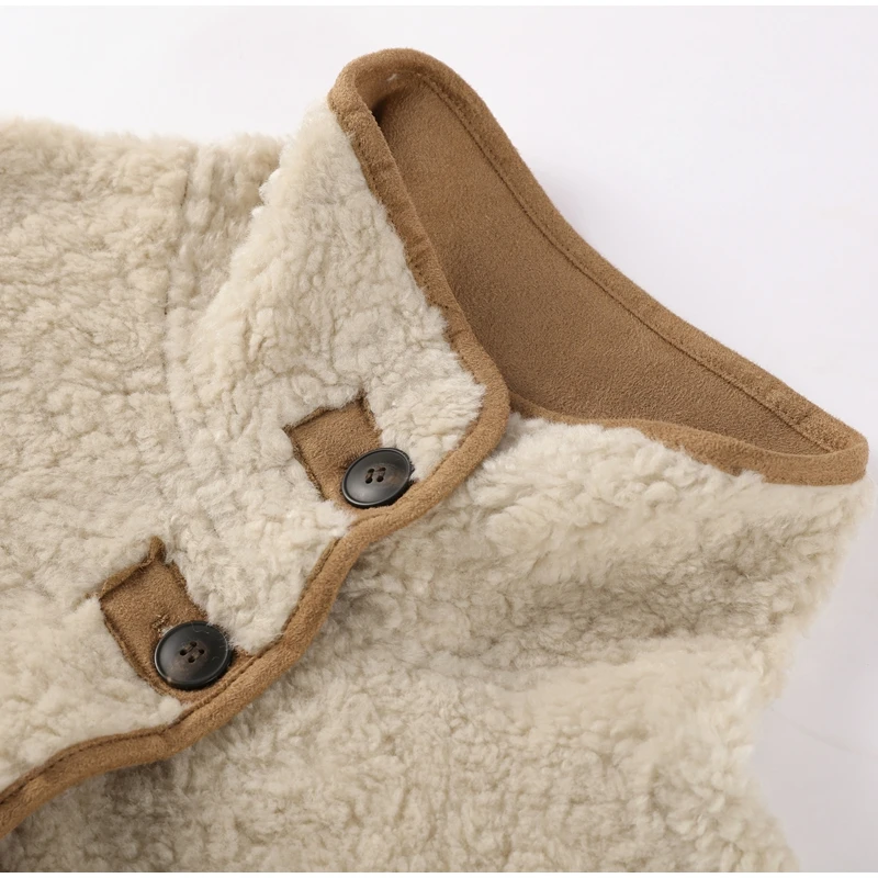Wende-Lammfelljacke für Damen, Beige, Braun, zweiseitig, Stehkragen, Knopfverschluss, Taschenmantel, 2022, Herbst, Damen-Freizeitkleidung – Detail 16