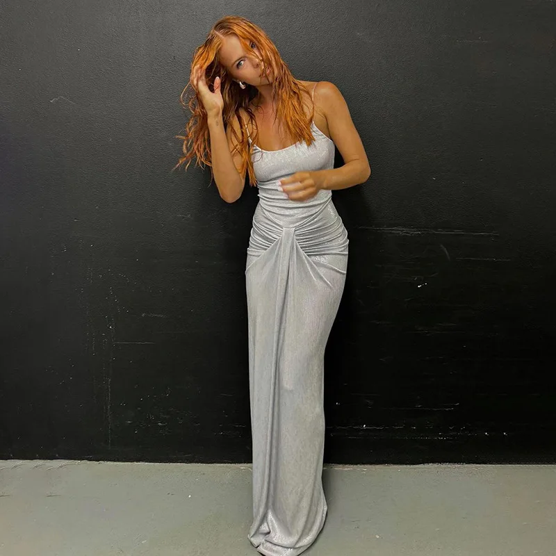 Spaghetti Strap Sexy Backless Maxi Dress Outfits Women Elegant Birthday Vestido 2025 New Club Party Ruched Dresses Female