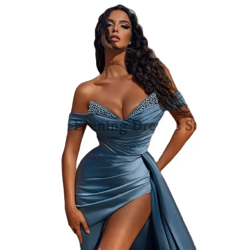

Sexy Prom Dresses 2022 Off Shoulder Mermaid Evening Dress Side Slit Beading Saudi Arabia Cocktail Party Gown Plus Size