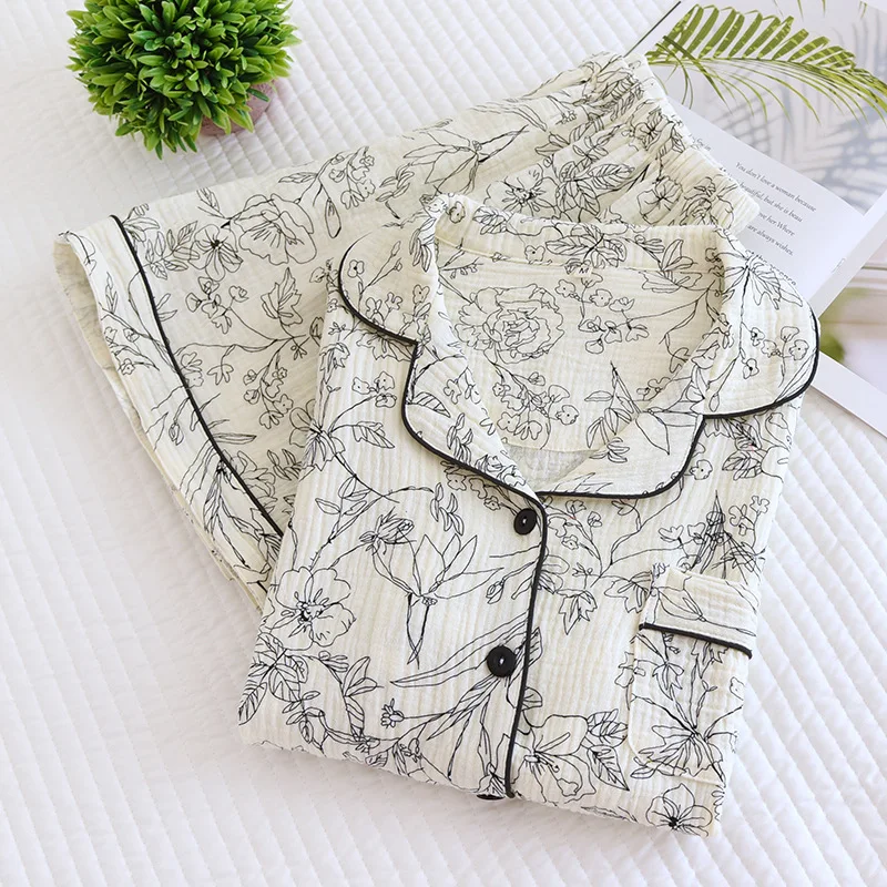Gauze Women's Nightie Pajamas Set Short Sleeve Sleepwear Pijams For Women Nightwear Pure Cotton Floral Print Home Wear