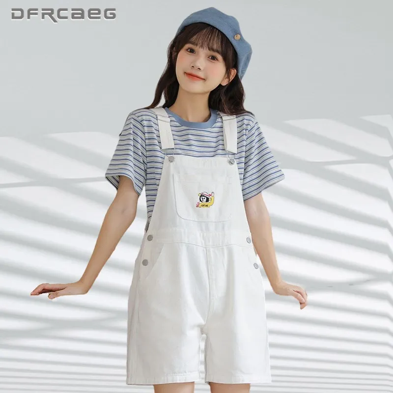 

Preppy Style White Summer Short Denim Jumpsuit For Women 2023 Streetwear Embroidery Kawaii Jeans Rompers Suspender Pants Female