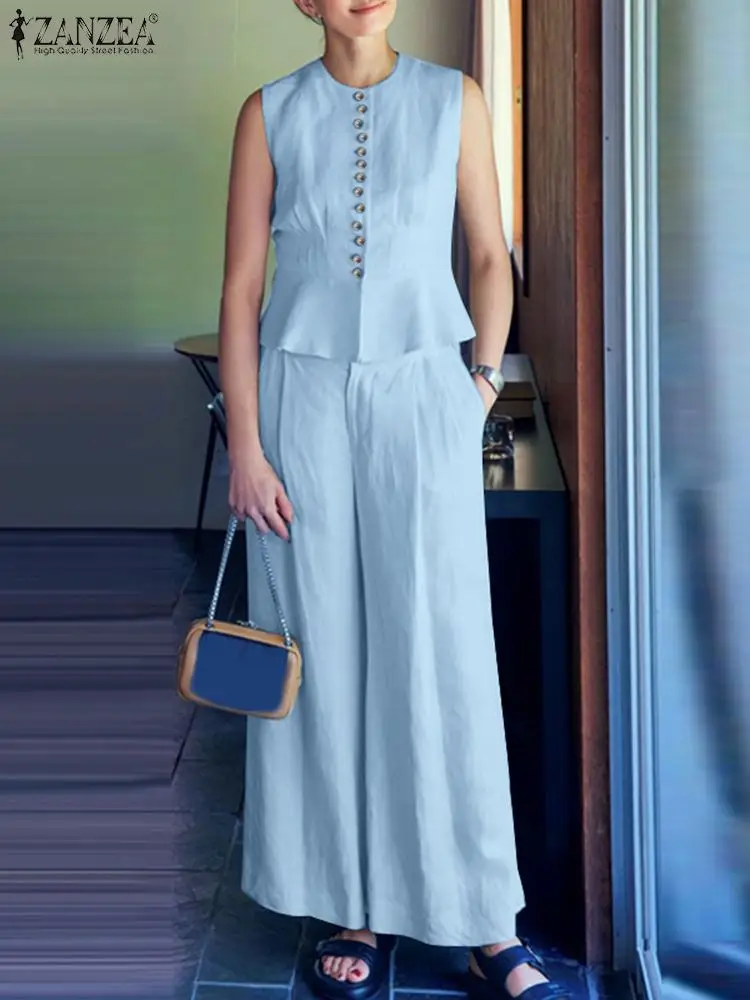 

Костюм ZANZEA женский из блузки и брюк, элегантный модный офисный костюм с брюками без рукавов, комплект из двух предметов, спортивный костюм оверсайз, на лето