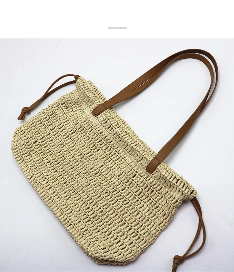 Drawstring Straw Bag for Women Top Handle Bag Summer Beach Woven Boho Rattan Large Capacity Tote Ladies Shopper Clutch