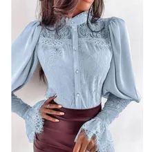 

Fashion Woman Blouses Spring 2022 Lace Hollow Slim Patchwork Single-Breasted Flare Sleeve Folds Office Lady Elegant Female Shirt