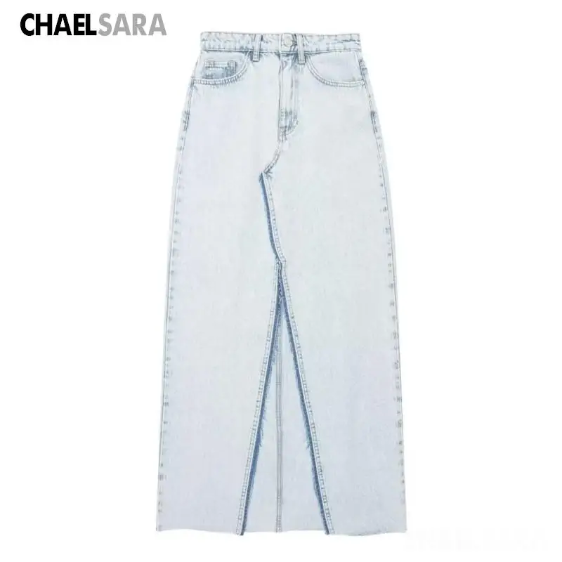 

2024 Spring Summer Women Fashion Casual Light Blue Pocket Button Midi Denim Skirt Female