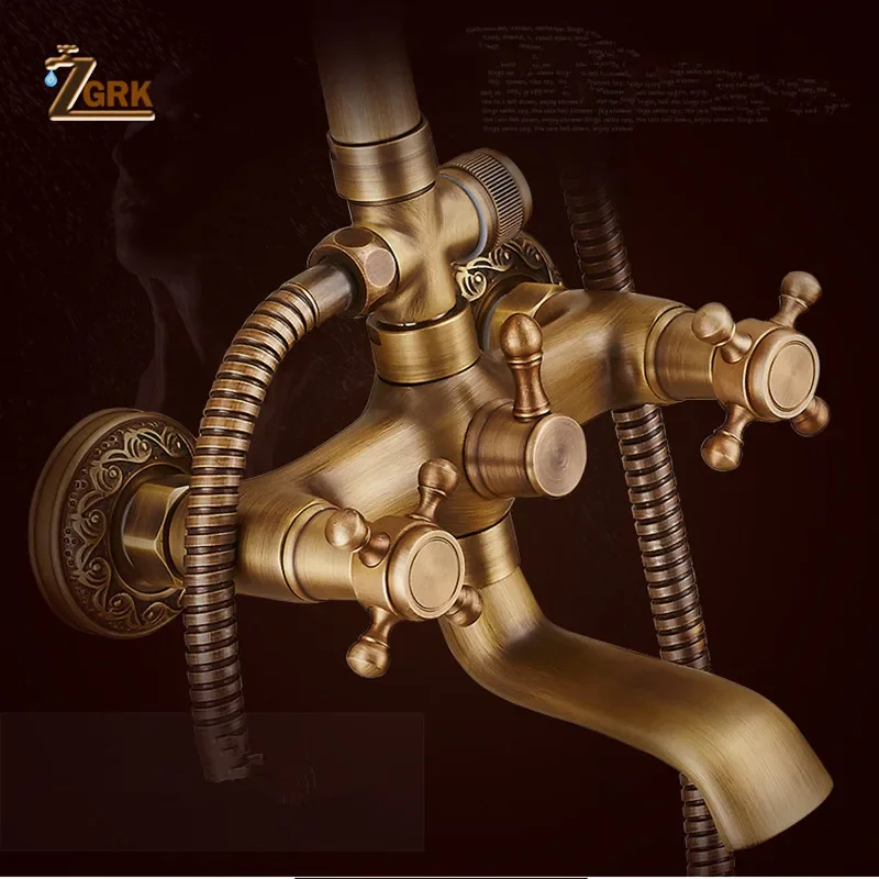 ZGRK Classic Rainfall Shower Set Antique Bronze Bath Shower Faucet Set Copper Wall Mounted Swivel Spout Mixer Tap System