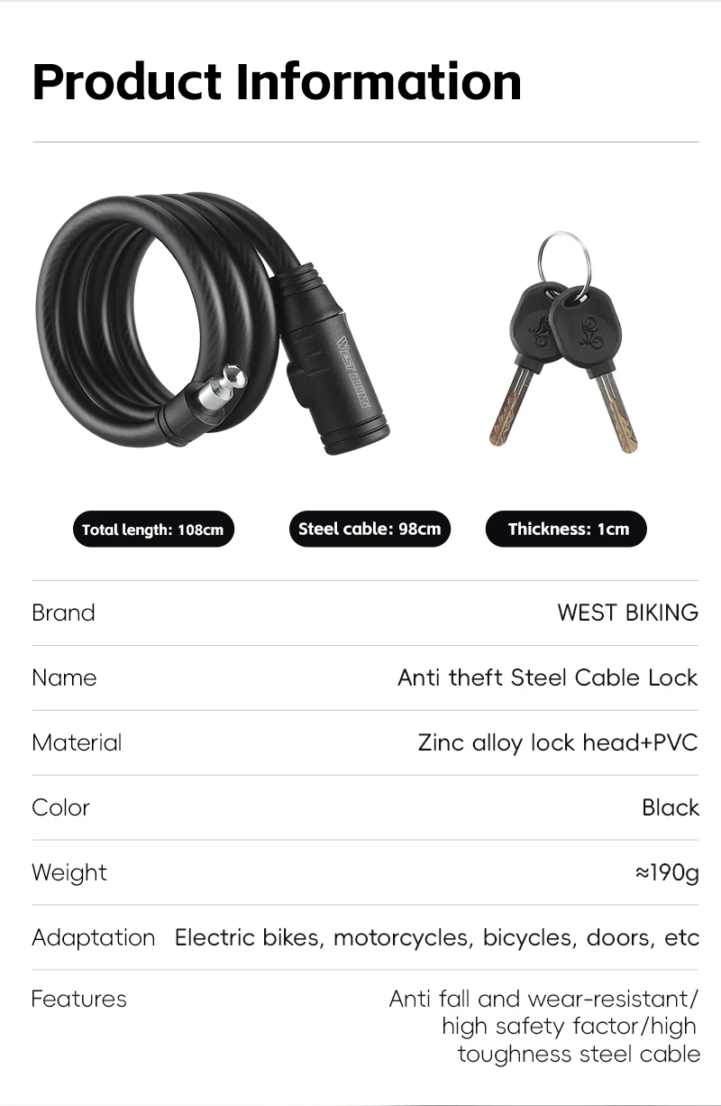 Description Picture 4 of itemBicycle Steel Cable Lock High Strength Anti-Theft Lock Scooter E-Bike Waterproof Safety Lock Bike Accessories