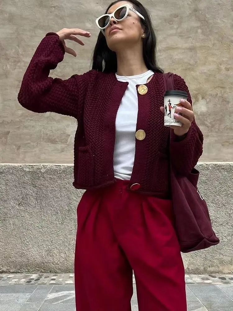 HH Autumn Women Metal Buttons Sweater O Neck Long Sleeve Knitted Cardigan With Pockets Casual Maternity Outfit Outerwear Top