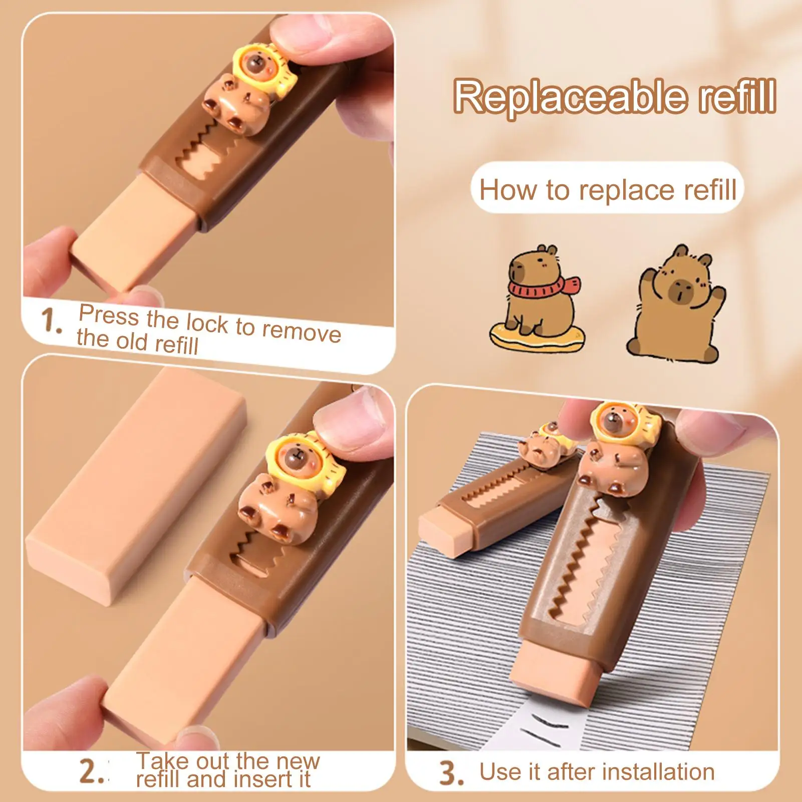 Capybara Retractable Pencil Eraser Cute Drawing Eraser Push-Pull Eraser Birthday Gifts For Kids Boys Girls Students Stationery