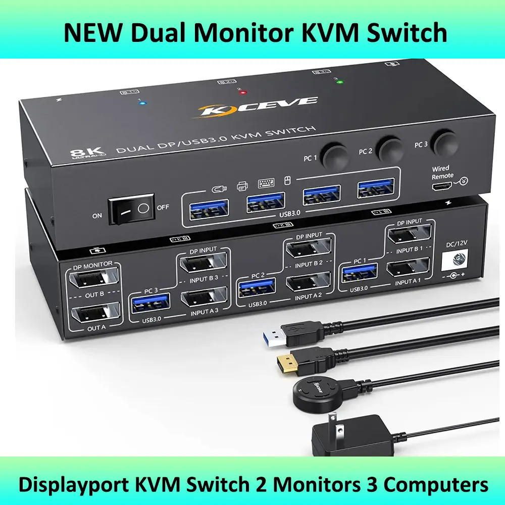 Switch Kvm A Doppio Monitor, Switch Kvm Displayport Usb 3.0 2 Monitor 3/4 Computer 8K @ 30Hz 4K @ 144Hz, 3/4 Computer Condividono 2 Monitor