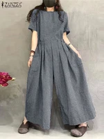 ZANZEA Short Sleeve Checked Wide Leg Overalls Pleated Waist O Neck Loose Casual Gingham Jumpsuits 2024 Fashion Women Long Romper - Image 3
