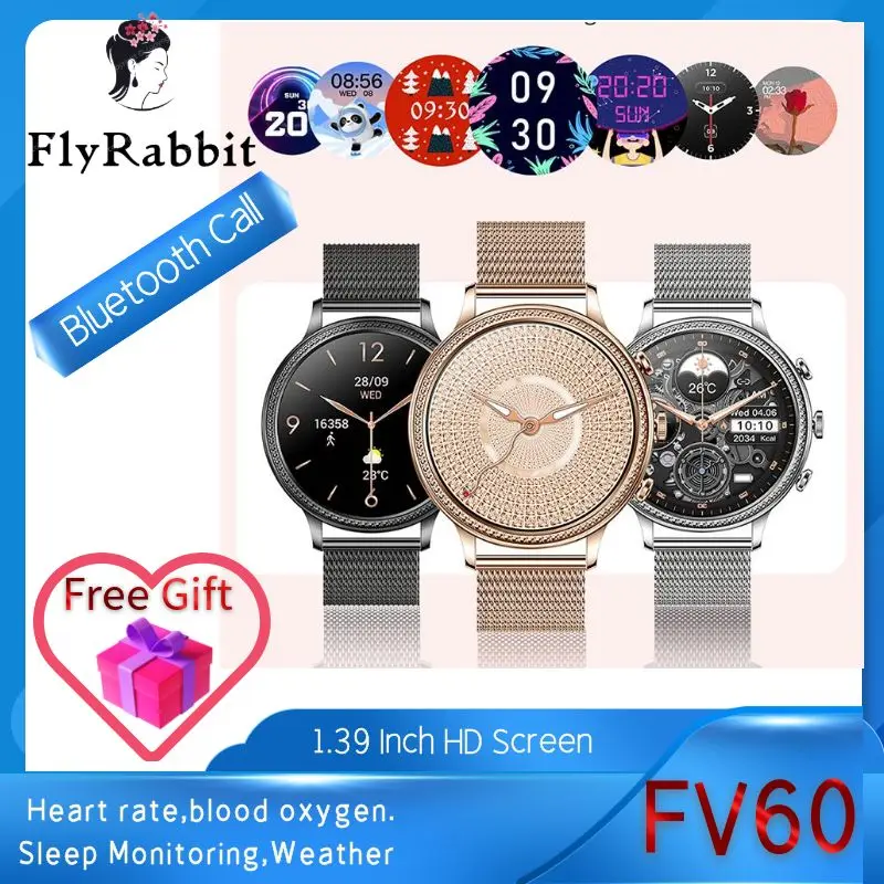 

Fly Rabbit FV60 Luxury Smart Watches For Women Bluetooth Call Connected Phone Health Sleep Monitor Sports Smartwatch Ladies Gift