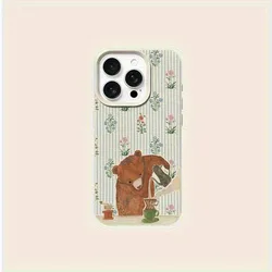 Vintage Striped Bear Coffee Pattern Soft Bumper Phone Case - iPhone 15 Plus (White - YYDSW3850)