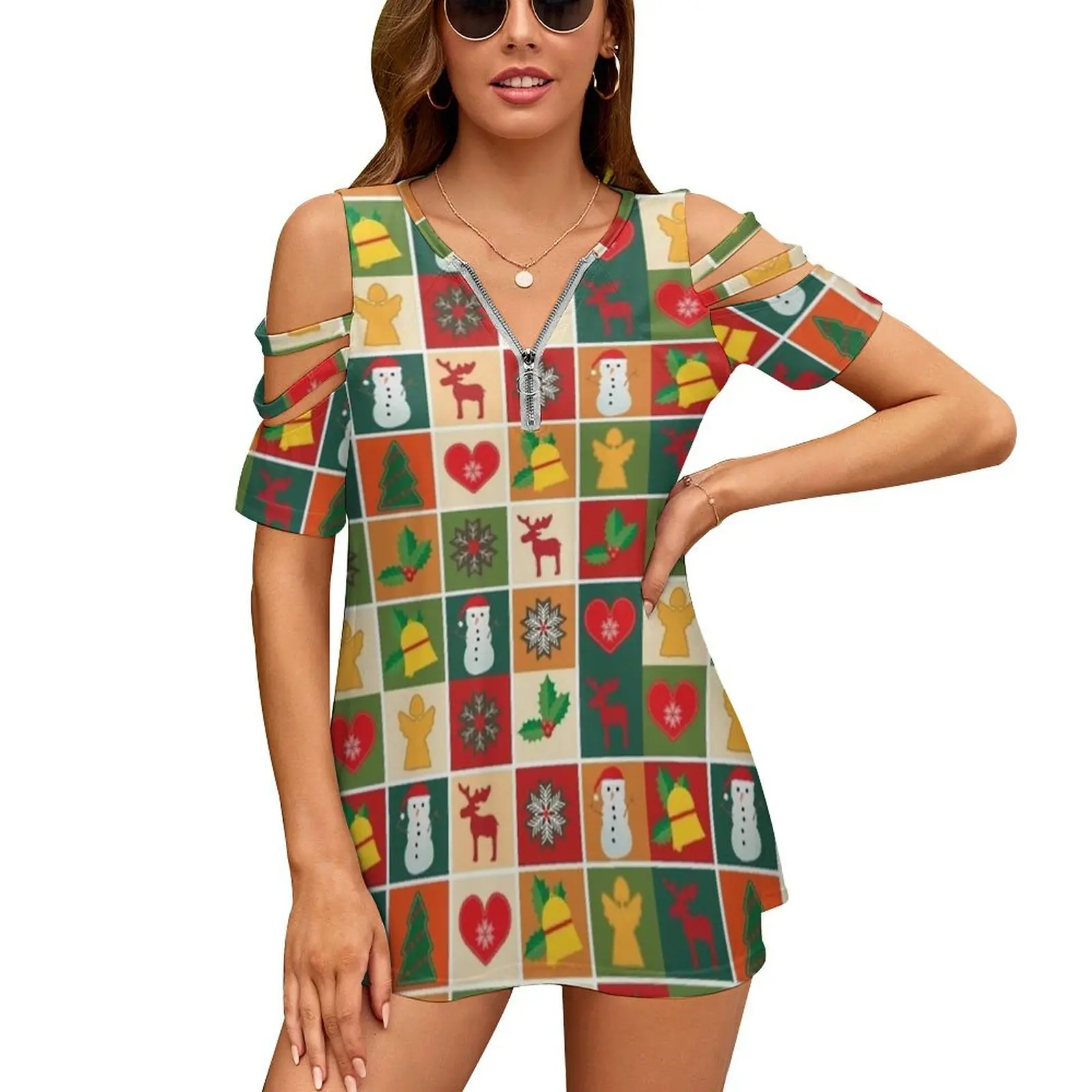

Christmas Time Women's T-Shirt Summer Fashion Print Floral V-Neck Zipper Tshirt Hollow Pullover Ladies Top Santaclaus Christmas
