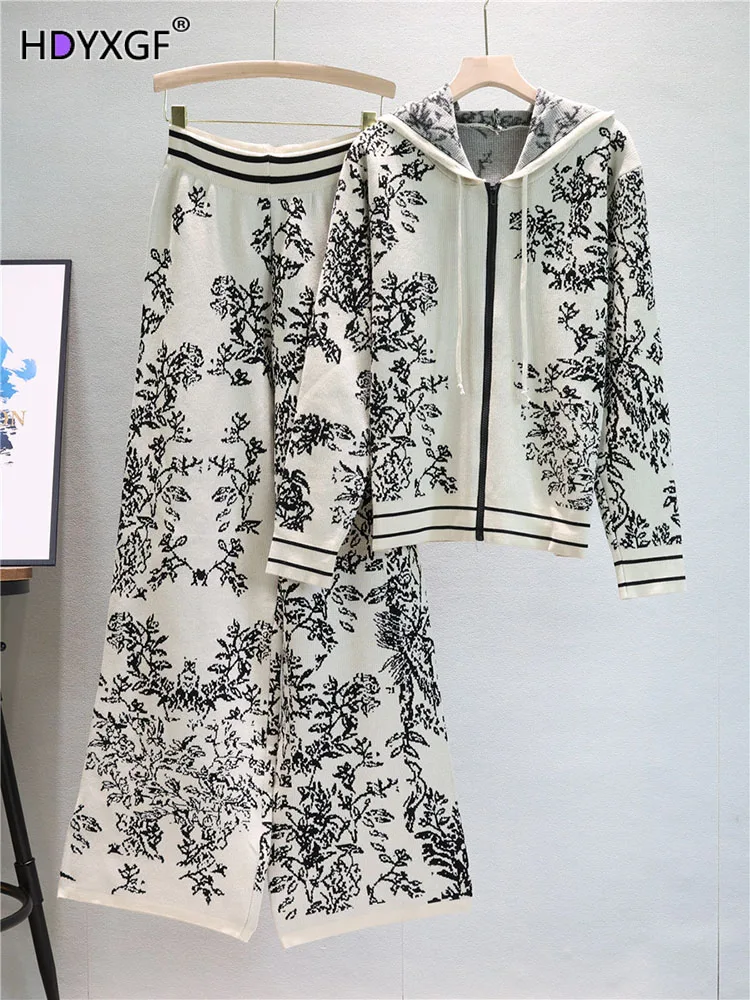 

Wash Painting Zipper 2 Piece Sets Women Outfit Hooded Baggy Long Sleeve Elegant Cardigan+korean High Waist Wide Leg Trouser 2024