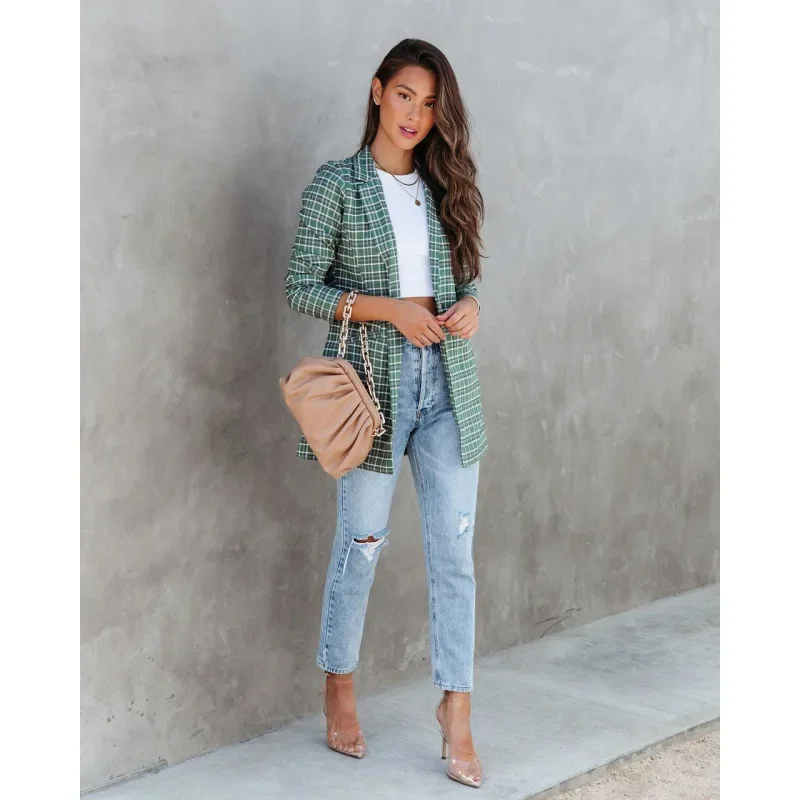 

2023 Spring and Autumn Women's New Fashion Commuting Slim Fit Printed Plaid Casual Comfort Versatile Long Sleeve Coat