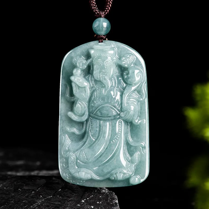 

Natural Burmese Blue Emerald God of Wealth Jade Pendant Necklace Fashion Charm Jewelry Carved Amulet Gifts for Women Men Luxury