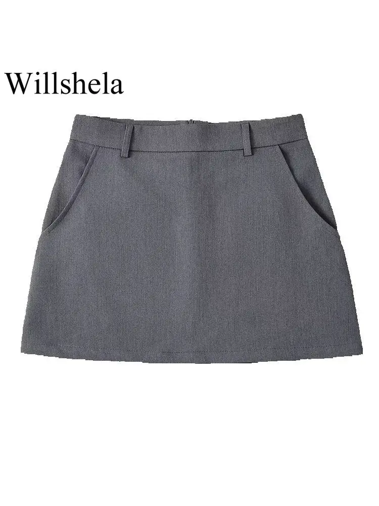 Willshela Women Fashion Solid Back Zipper A-Line Mini Skirt Vintage High Waist Female Chic Lady Skirts - Image 3