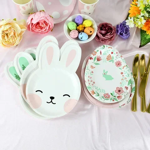 

8pcs Easter Disposable Tableware Rabbit Egg Shape Paper Plates Cup Wedding Birthday Decoration Easter Party Baby Shower Supplies