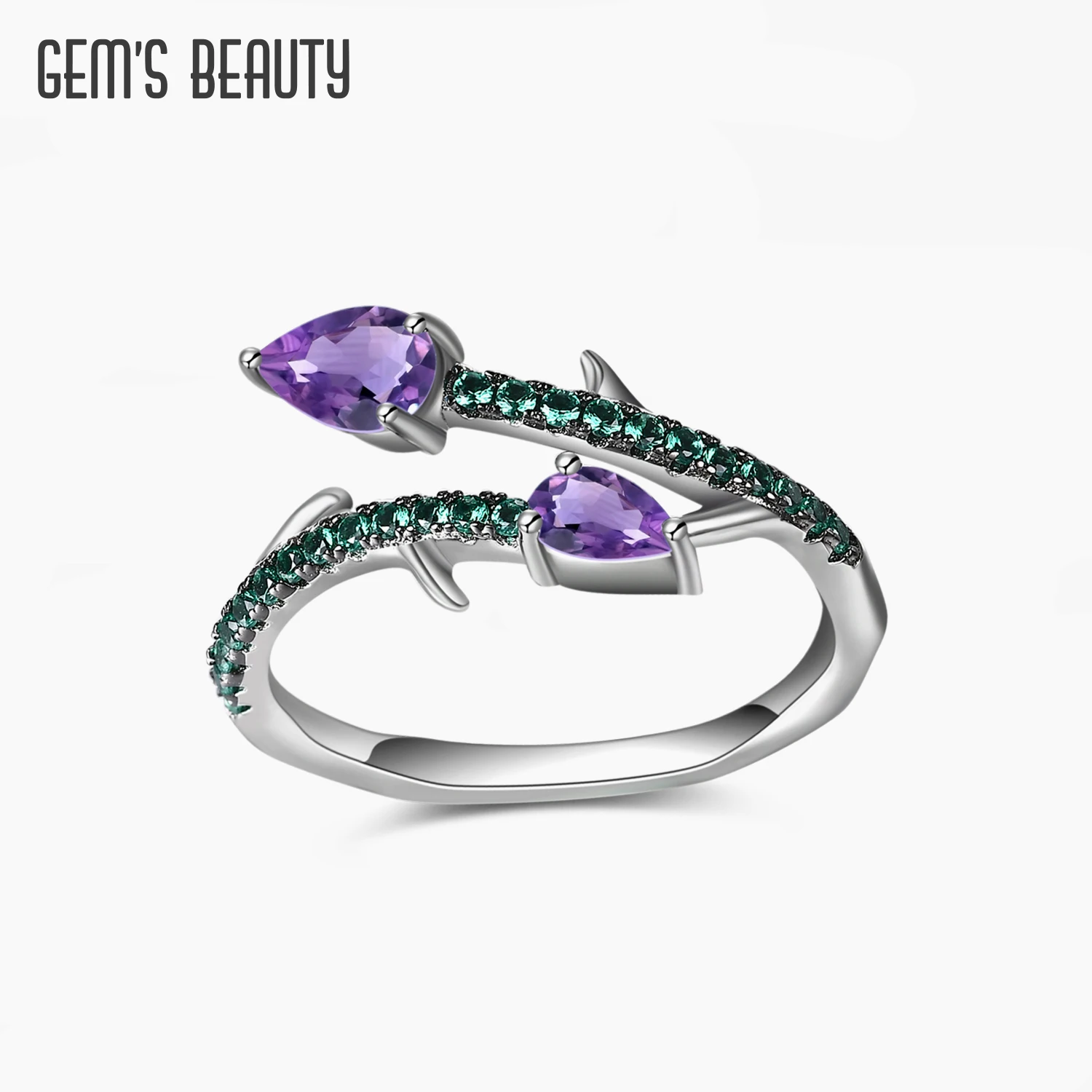 

GEM'S BEAUTY 925 Sterling Silver Adjustable Open Ring Natural amethyst Gemstone thorns Ring For Women