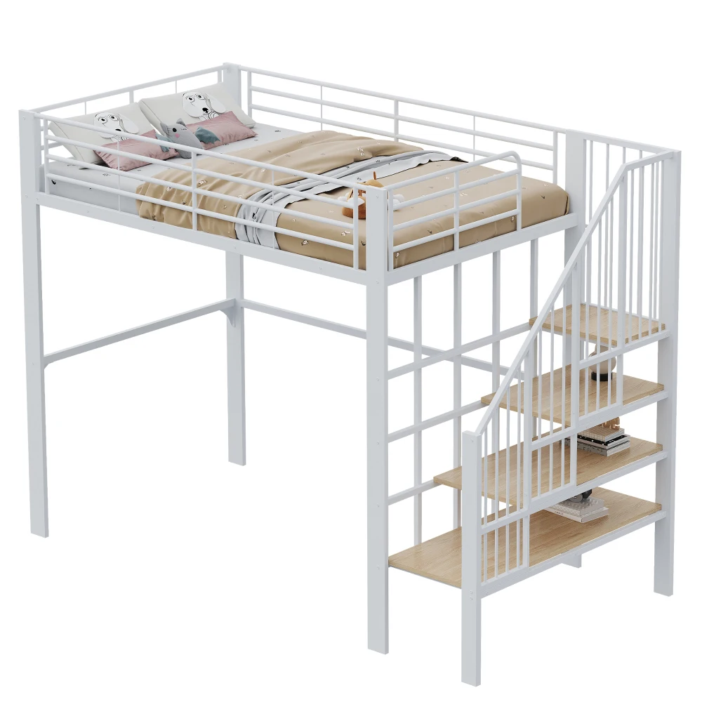 90*200cm/140*200cm Hochbett, stabile Metallkonstruktion mit geräumigem Stauraum unter dem Bett und Treppe, für Kinder und Erwachsene – Detail 32