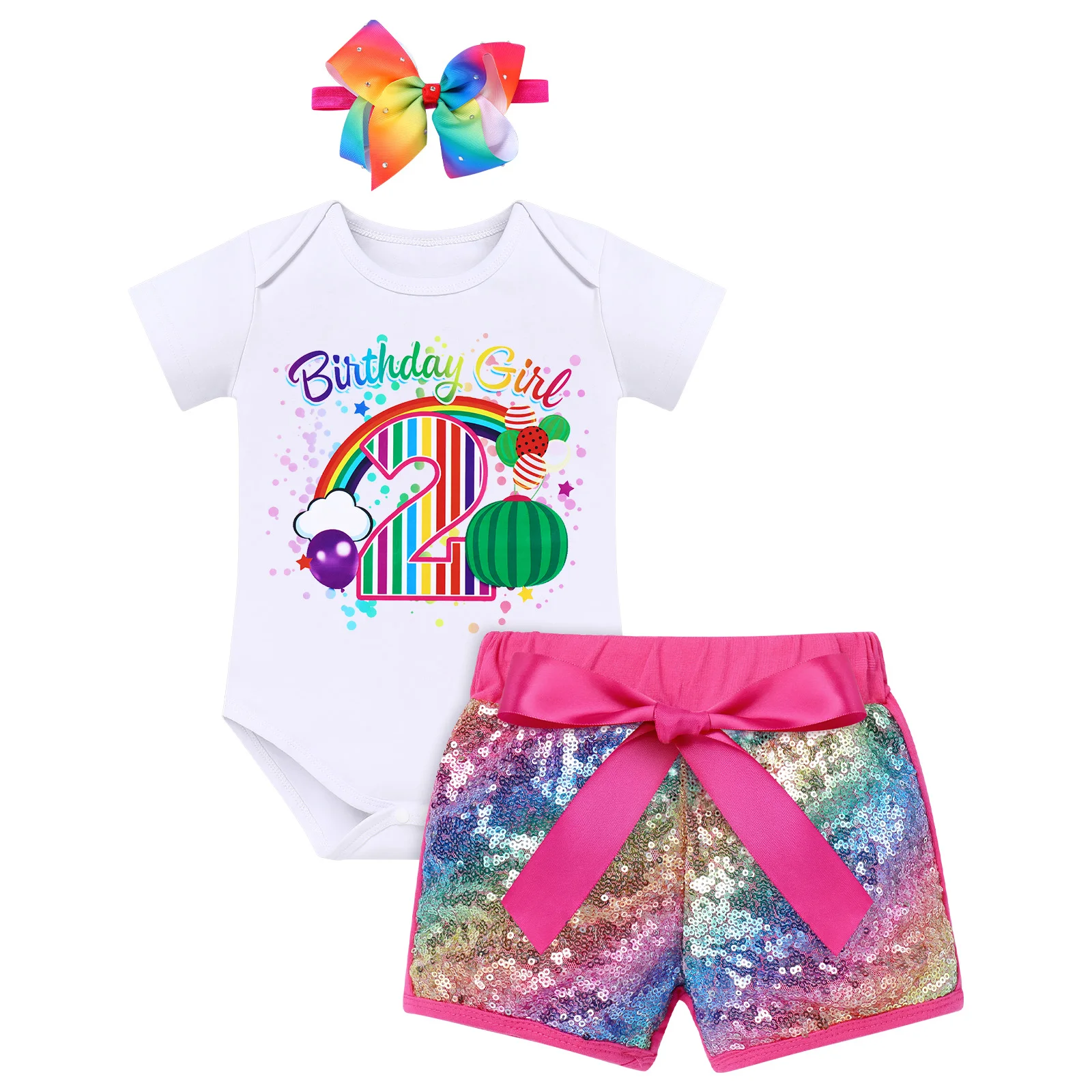 Infant Baby Girls Coco-melon Themed Birthday Party Outfit Baby Girls Cake Smash Clothing Sequin Embellished Shorts Baby Clothing Set best of sale