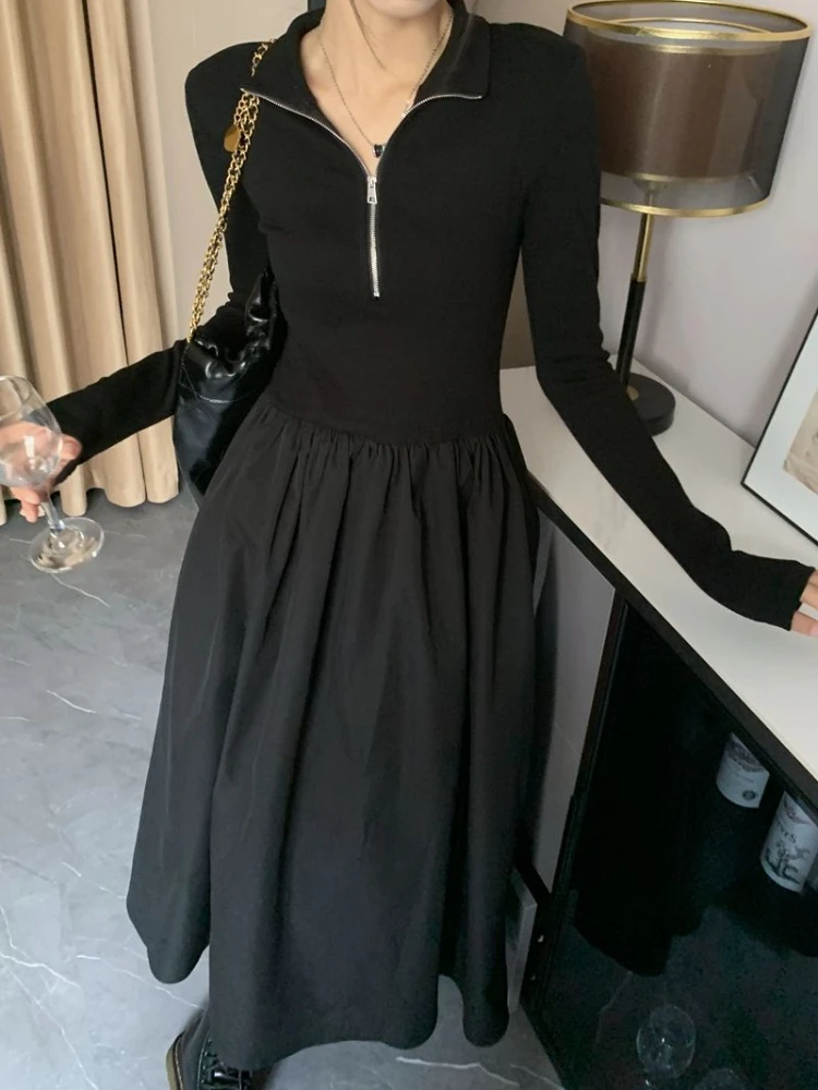 Black Midi Dresses Women Zip-up Elegant Female Trendy A-line