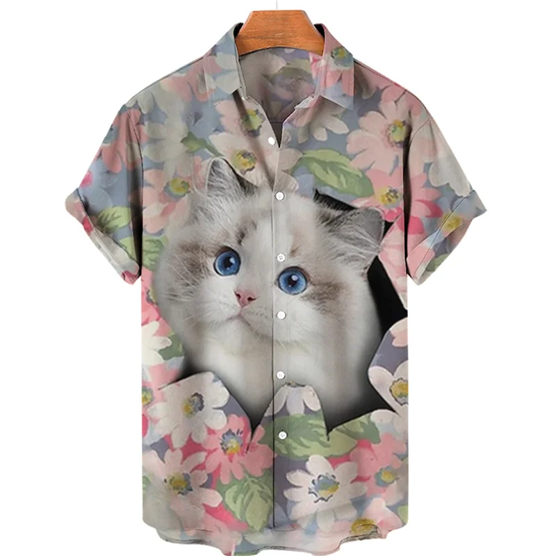 thumbnail image 1 of Camisa hawaiana con estampado 3D completo de gato para hombre, camisetas casuales de manga corta con botones para verano, camisas para hombre, 1 of 5
