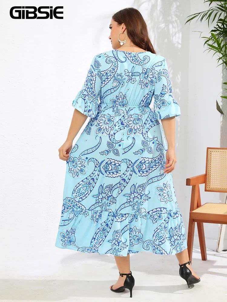 GIBSIE Plus Size Square Neck Floral Print Puff Sleeve Dress Women Summer  2023 Vacation Beach Bohemian Swing Long Maxi Dresses