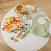 Baby Wooden Tableware Feeding Set Bamboo Dinosaur Plate Bowl Silicone Wooden Handle Frok Spoon Baby Dinnerware Feeding Supplies 3