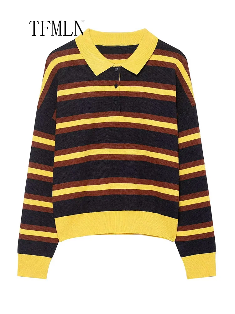 Simple 2025 Autumn Women Striped Knitted Sweaters Chic Causal Long Sleeve Pullover Tops Fashion Loose Polo Collar Knitwear
