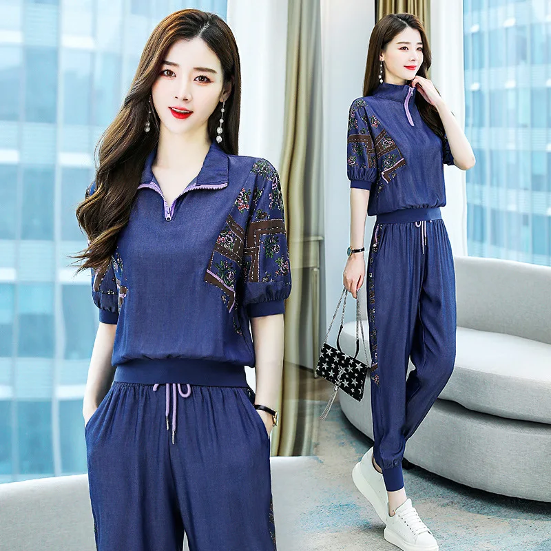 Women Summer Denim Floral Tops Pants Sets Cotton 2 Piece Sets Outfits Simple Fashion Personality Zipper Soft Trousers Lyocell men s leather belt for young people casual pure top layer cowhide pin buckle korean style personality trendy hand woven trousers