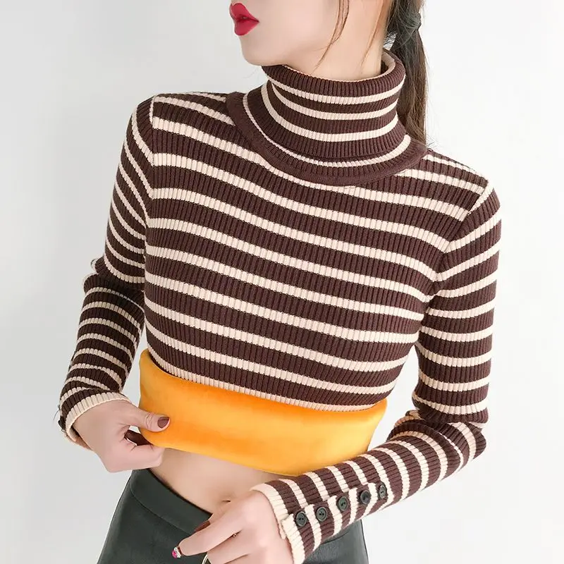 

Vintage Stripe High Neck Knitted Sweater Women's Fashion 2023 Autumn/Winter Casual Thickened Long Sleeve Bottom Top B445