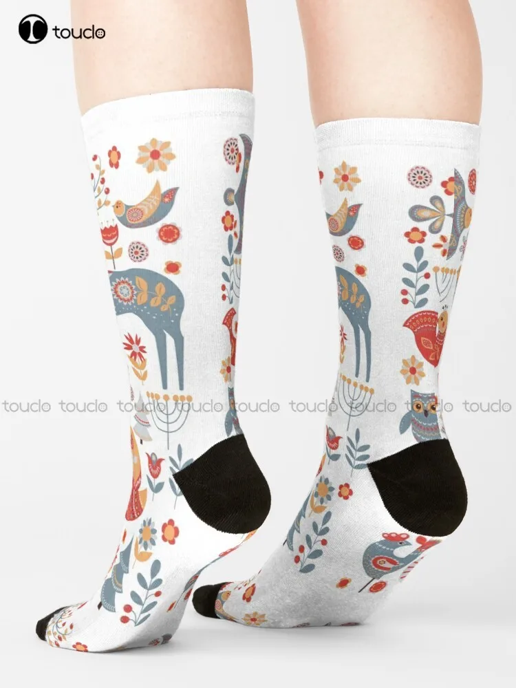 

Seamless Pattern With Winter Forest, Deer, Owl And Fox. The Scandinavian Style. Socks Custom Socks 360° Digital Print Harajuku