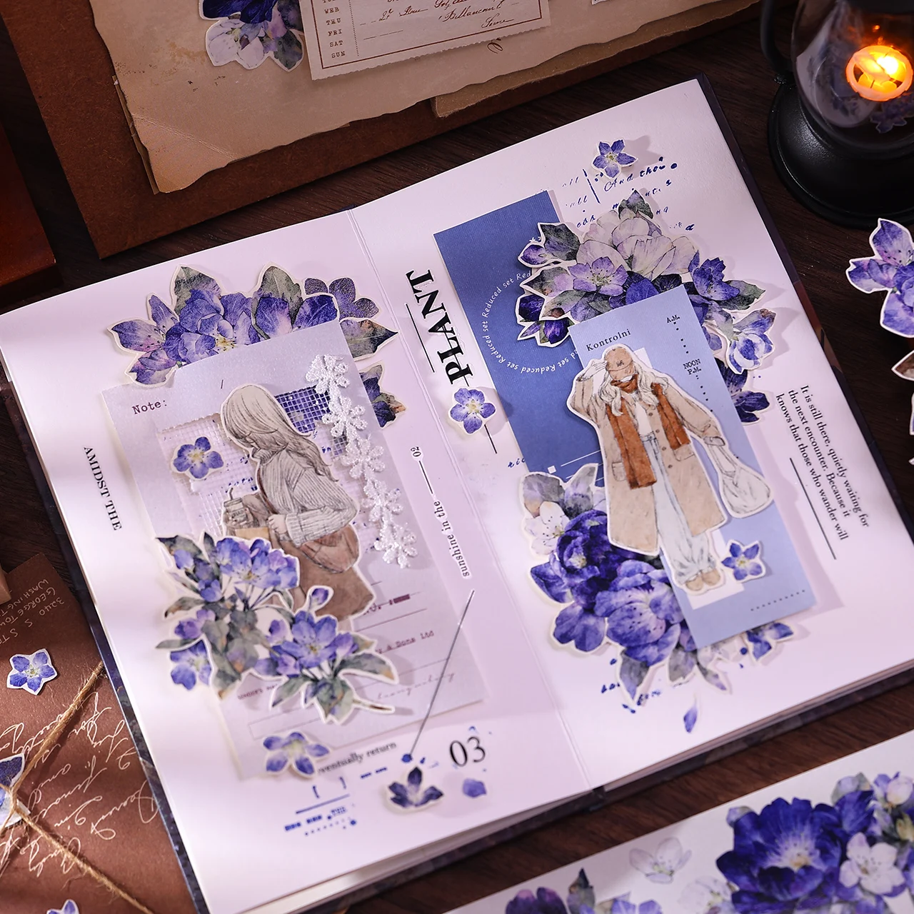 55mm * 6m 빈티지 퍼플 블루 플라워 풍경 PET 테이프 크리 에이 티브 DIY 저널 재료 콜라주 스크랩북 편지지