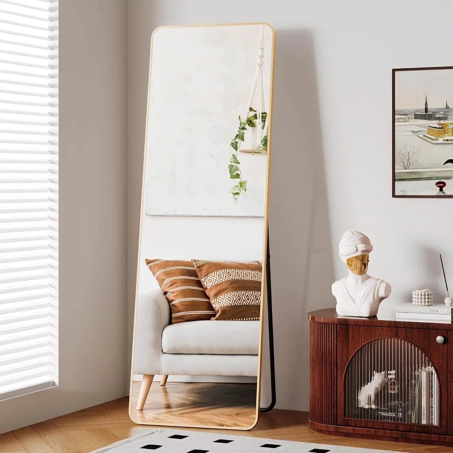Specchio A Figura Intera 162x53 Cm - Cornice In Alluminio Nero, Vetro Temperato Sicuro, Usabile A Terra O A Parete