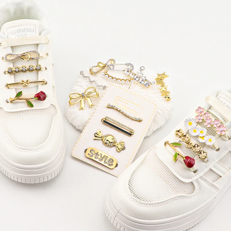 4PCS/Set Shoelaces Charms for Sneakers Shoelaces Clips Decorations Faux Pearl Casual Metal Rhinestone Shoe Buckle for Girl