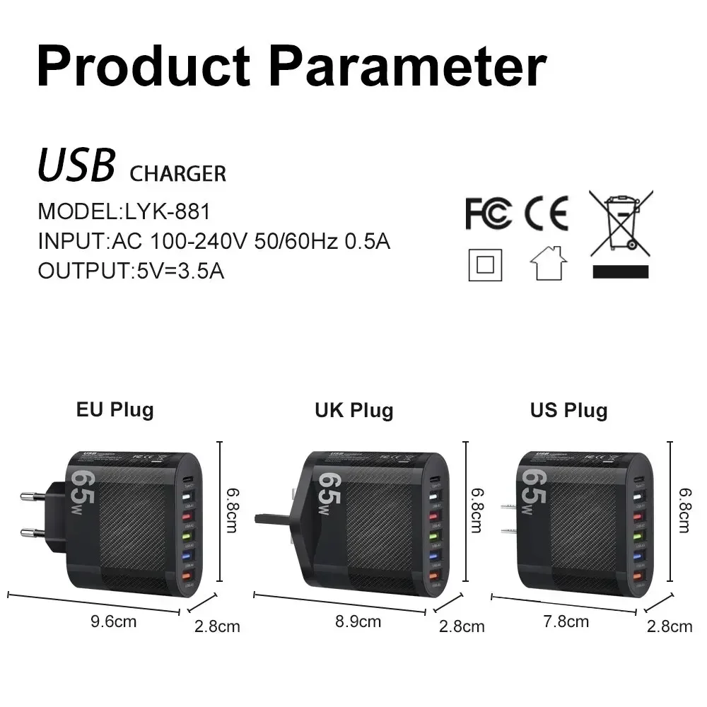 Charger Adapter 3.1A 5Ports USB Charger PD Charging Adapter For Xiaomi ipone 13 Samsung Mobile Phone Plug Charging QC 3.0 Wall Charger