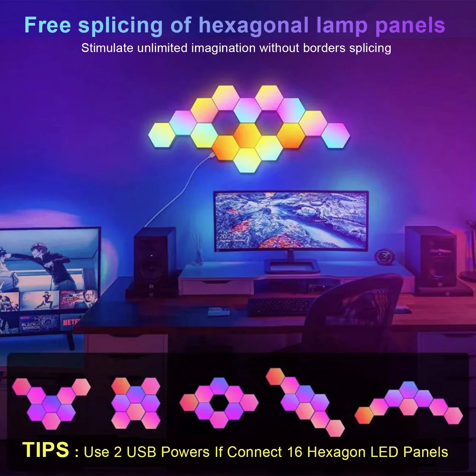 RGB Smart Hexagonal Wall Lamp Color changing Ambient Night Light DIY Shape Music Rhythm APP For Game Room Bedroom Intelligent