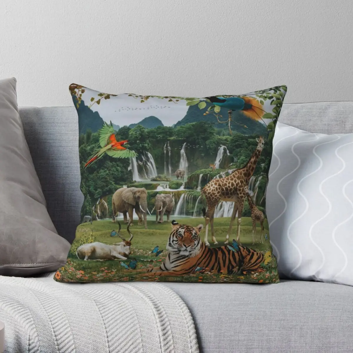 

New World Forest Animals Square Pillowcase Polyester Linen Velvet Printed Zip Decor Sofa Cushion Cover